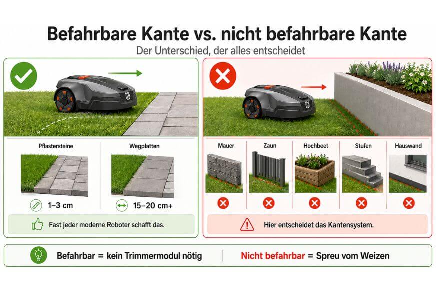 Eine Infografik die erklärt, welche Kanten für Mähroboter problemlos ohne Randschnittmodul machbar sind und welche Kanten zu einem problem werden